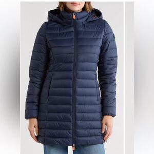 Save The Duck Cate Water Repellent Long Puffer Coat with Removable Hood NWT$378